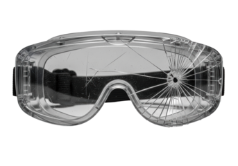 Single industrial safety goggles with heavily scratched, spiderweb-cracked polycarbonate shield, dark frame, on blurred transparent background. Concept of industrial wear and tear