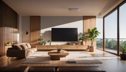 Fototapeta premium modern minimalist living room with wooden furniture large tv and warm lighting in a bright interior space with large window and natural light