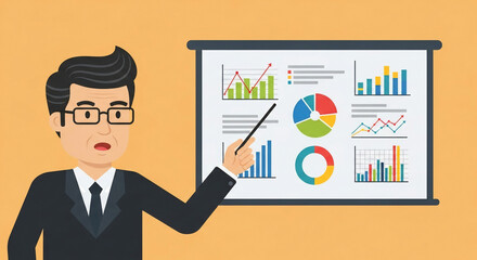 Fototapeta premium Businessman Presenting Data Charts and Graphs in Office Setting