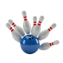 Photo of bowling ball hitting pins isolated on transparent background in a studio shot