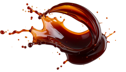 Splash of dark soy sauce isolated on black background with fluid motion