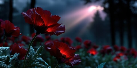 Obraz premium Vivid red flowers glisten in the dawn light surrounded by dark forest shadows