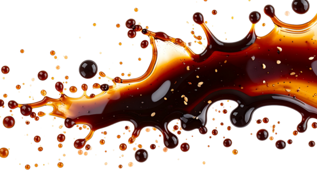 Splash of dark soy sauce isolated on black background with fluid motion