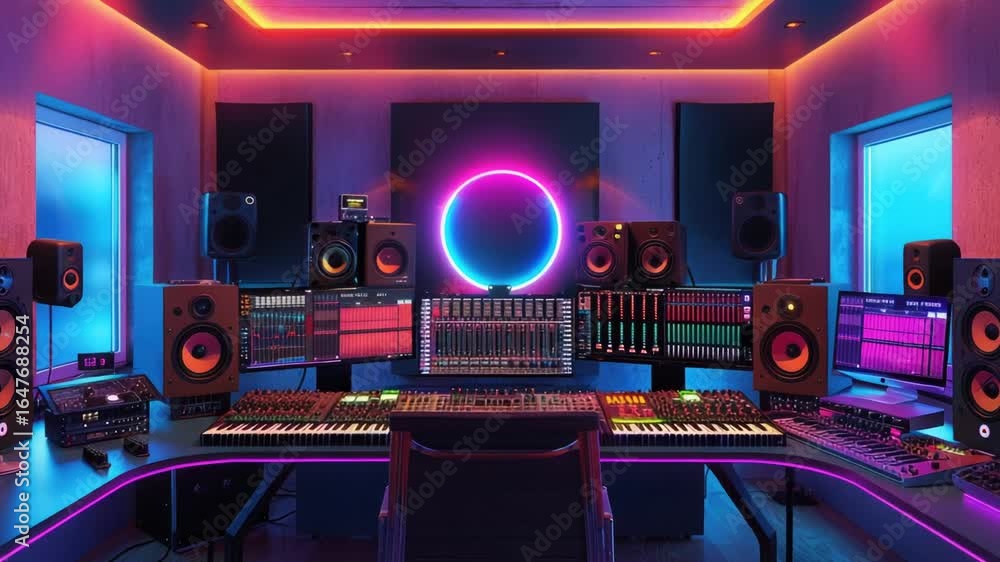 Poster professional music production setup with multiple screens and keyboards