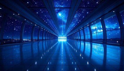 Futuristic airport terminal corridor with a celestial view and shining floor