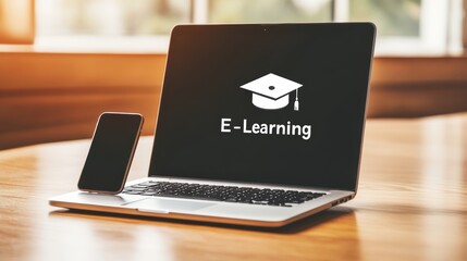 A laptop and smartphone on a wooden desk display an e-learning logo, symbolizing online education and digital learning environments.