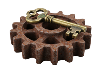 Rusted industrial cast iron gear with worn teeth, intricate antique brass skeleton key resting on top, isolated macro studio shot on transparent, forgotten history concept