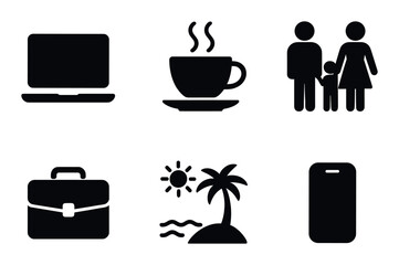Set of silhouettes: laptop, coffee, family, briefcase, island, smartphone icons