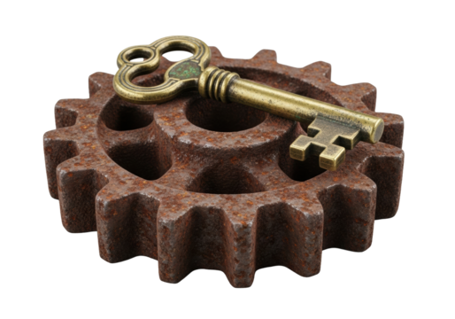 Rusted industrial cast iron gear with worn teeth, intricate antique brass skeleton key resting on top, isolated macro studio shot on transparent, forgotten history concept