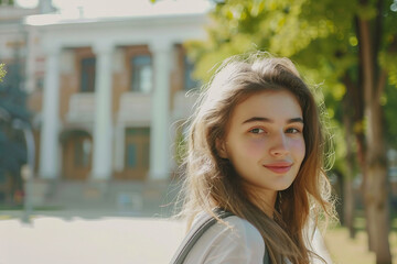 Smiling First Year Pupil Walking to School with Backpack on First of September