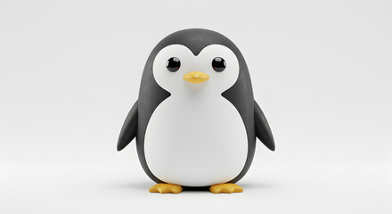 Fototapeta premium Adorable 3D rendered cartoon penguin character standing on a clean white studio background. Cute and stylized flightless bird toy illustration