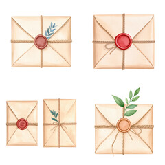 Watercolor set of vintage envelopes with sealing wax and twine on transparent background