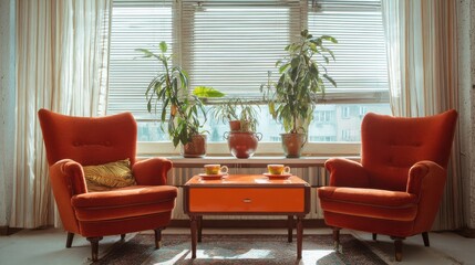vintage armchairs orange coffee table with two cups plants standing by the window with curtain and blinds in a living room interior no logos no brands ar 169