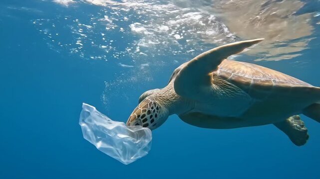 Sea Turtle Encounters Ocean Pollution: A Perilous Interaction Captured Underwater, Marine Life Faces the Threat of Plastic Waste: A Heartbreaking Image of Ocean Conservation