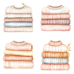Watercolor set of folded knitted sweaters on transparent background