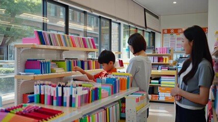 Asian boy and mother buying school supplies in bright stationery store before school year - Powered by Adobe