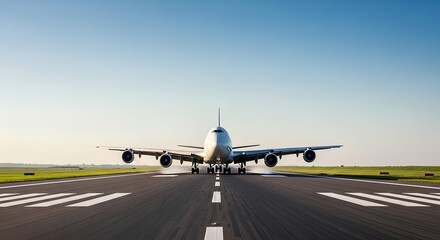 A large passenger airplane is landing on a runway under a clear blue sky, viewed from the front.