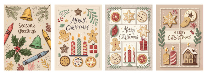 Colorful holiday cards featuring festive designs, including cookies and candles for Christmas cheer.