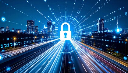 Futuristic city skyline with digital lock, representing cybersecurity and data protection