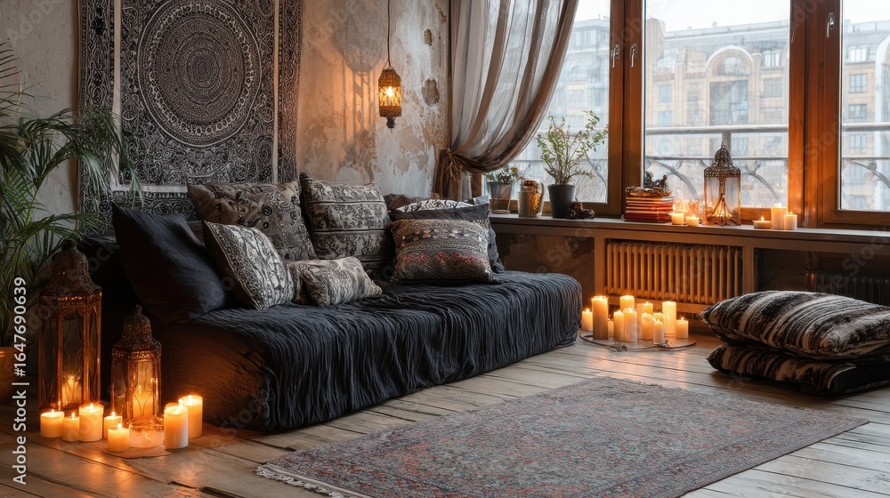 Poster black lamp standing by a sofa and a row of candles lying on the floor in front of a window shedding 