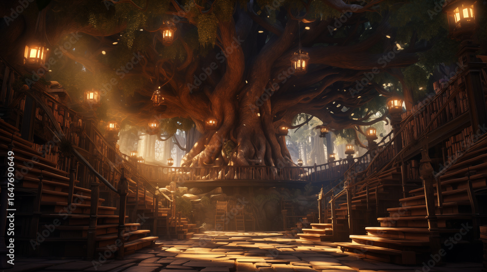 Poster Enchanting forest scene with a giant tree, illuminated by lanterns, creating a magical atmosphere for travel and exploration