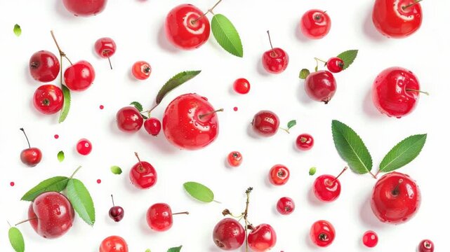 Fresh cherries with leaves on a white background