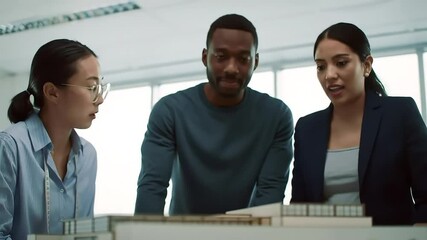 Diverse group of professionals discussing architectural models in modern office setting - Powered by Adobe