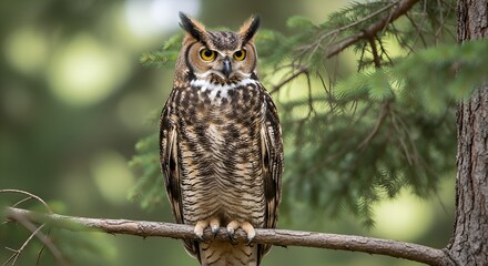 Obraz premium Stunning portrait of a Great Horned Owl showcasing this powerful nocturnal predator in magnificent detail. 