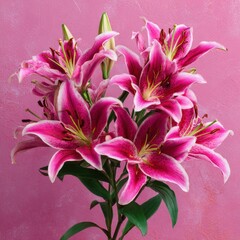Fototapeta premium beautiful lily flowers bouquet on a pink background lillies pink lilies closeup big bunch of fresh fragrant lilies purple background 