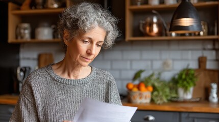 middle aged older woman housewife reading paper letter or bill sitting in kitchen at home office checking financial taxes fees reviewing bank account loan rates information medical insurance cost no 