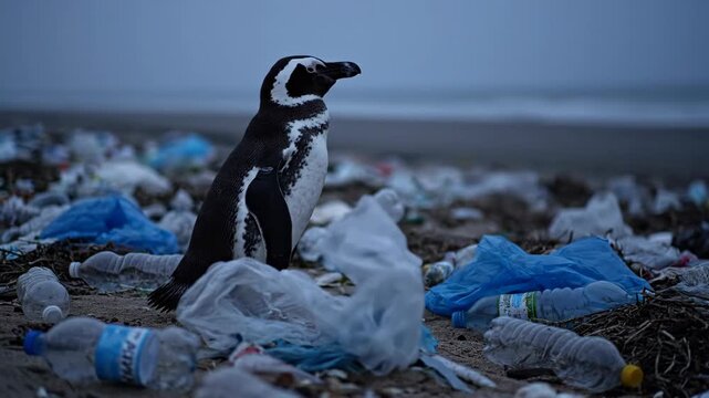 A Penguin Stands Defiant Against a Tide of Plastic Pollution, A poignant symbol of nature's struggle against human-caused environmental degradation