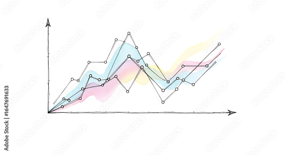 Poster trendy line graph with colorful background illustrating data fluctuations over time