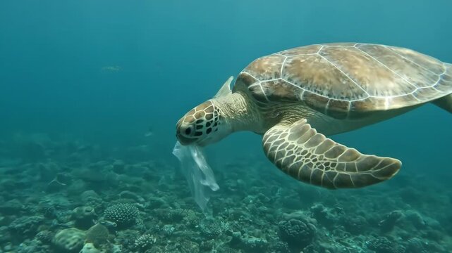 Sea turtle swallowing plastic bag in ocean, Impact of plastic pollution on wildlife in the sea