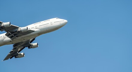 Obraz premium A large, white passenger airplane soars into a clear, cloudless blue sky, viewed from a low angle.