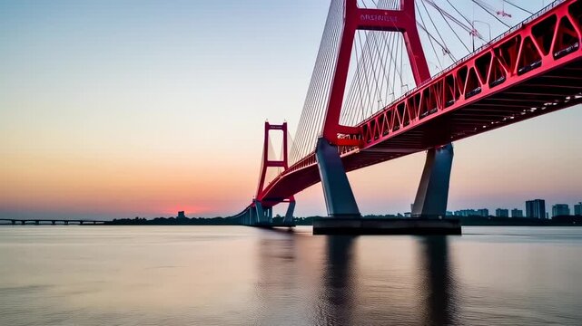 Stunning red bridge spans across tranquil waters at sunset creating a serene cityscape view