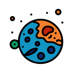 A cartoonish planet in space with a mix of earth like features