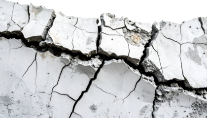 A close-up view of cracked concrete showcasing intricate textures and fissures. The uneven surface highlights the aging and wear of the material.