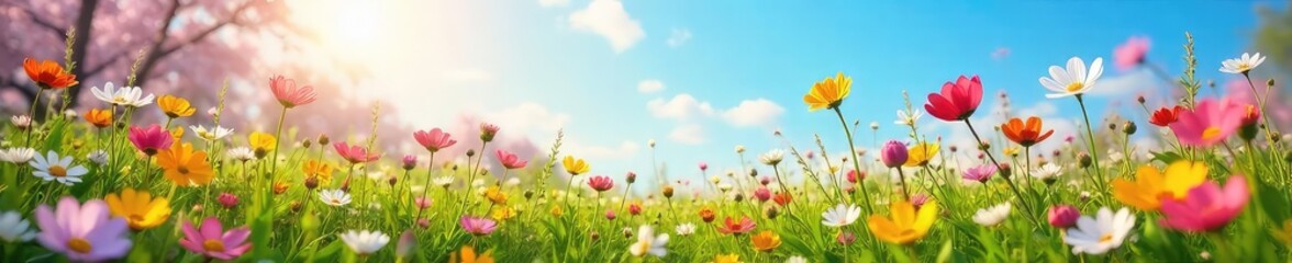 Fototapeta premium Vibrant Wildflowers Blooming in Lush Spring Meadow Sunlight Dapples Delicate Blossoms Under a Bright March Sky. Picturesque Early Spring Renewal Scene.