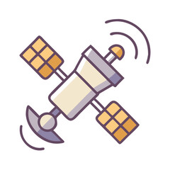 Cartoon satellite orbiting Earth and transmitting signals with visible solar panels