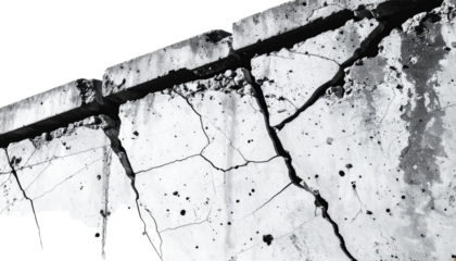 A close-up view of cracked concrete showcasing intricate textures and fissures. The uneven surface highlights the aging and wear of the material.