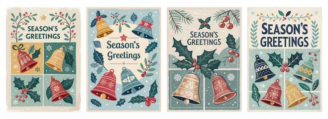 A festive collection of seasonal greeting cards featuring colorful bells and holly, celebrating the holidays.