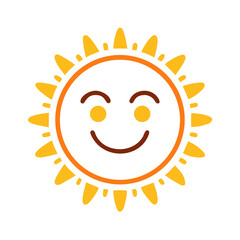 Cheerful bright smiling sun illustration with shining sunrays on a white background