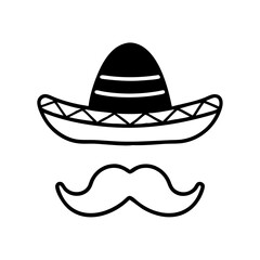 Simple Black and White Illustration of Sombrero and Moustache for Cinco de Mayo