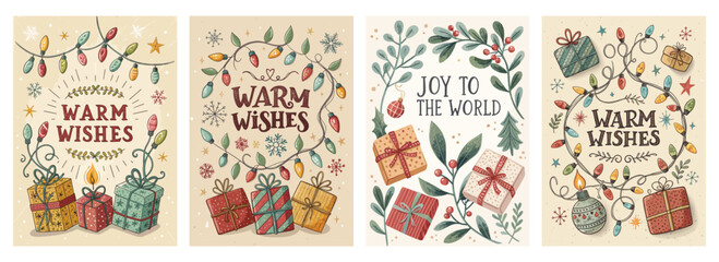 Festive holiday artwork featuring vibrant illustrations of gifts and warm wishes.