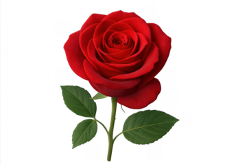 Single blooming red rose with green leaves on transparent background