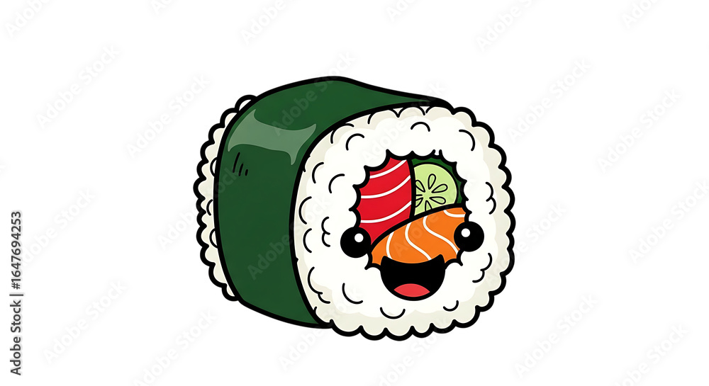 Poster cute sushi roll character smiling with colorful ingredients isolated on a transparent background