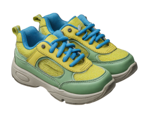 Colorful children sneaker, yellow and green mesh with blue laces, comfortable athletic footwear for kids, isolated on transparency background, playful and sporty style