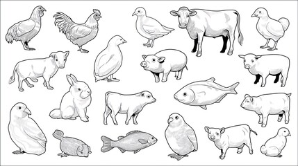 Farm Animals and Fish Line Drawings - Ideal for Educational Materials, Children's Books, and Farm-Themed Projects