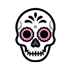 Stylized Day of the Dead Sugar Skull Icon with Pink Flowers