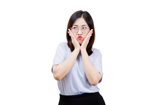 Asian young beautiful woman expresses surprise or confusion with her hands on her cheeks, wearing glasses and a casual outfit.